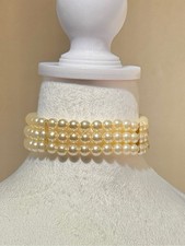 Vintage Ivory Faux Pearl Choker Multi Strand Gold Necklace