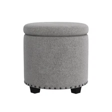 HOMEPOP HOME DECOR UPHOLSTERED ROUND STORAGE OTTOMAN NAILHEADS GRAY WOVEN
