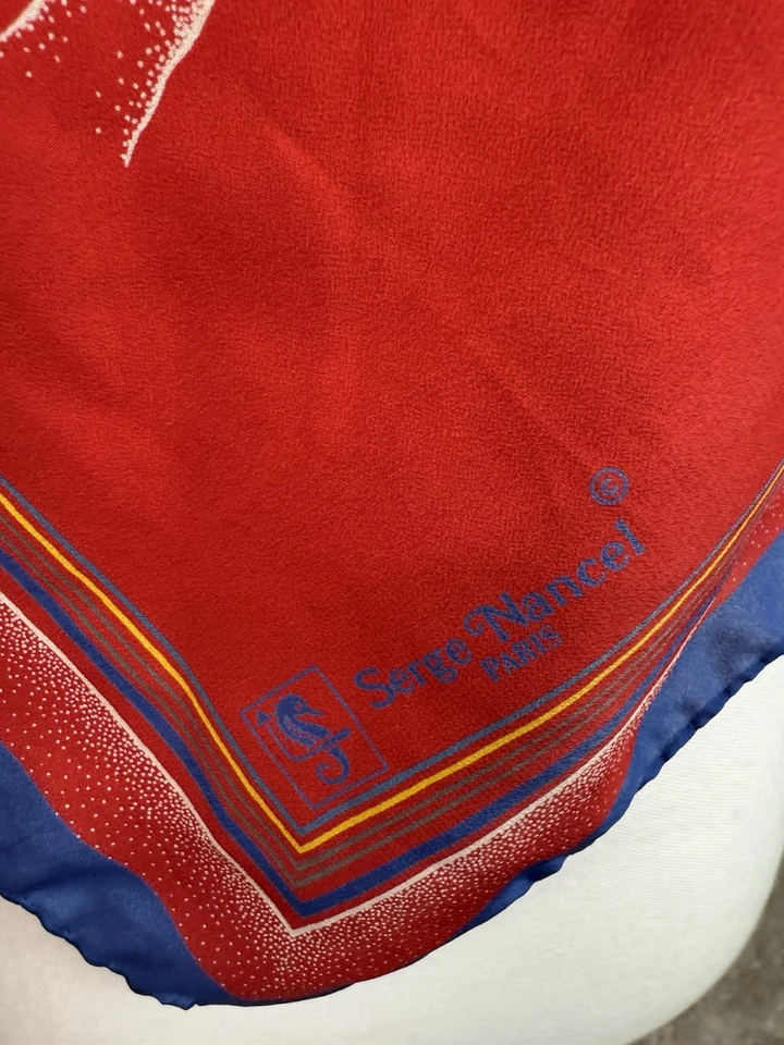 De Colección Serge Nancel Paris Bufanda de Seda Roja Estampado Floral Vintage Diseñador Francés Envoltura Foto 4 de 4