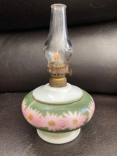 Vintage Milk Glass Mini OIL LAMP, Daisy, Pink & Green