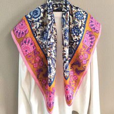 35"x35"Blue Flowers Print Pure Mulberry Twill Silk 12momme Scarf 88x88cm6-27