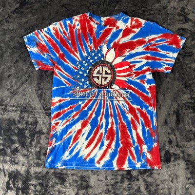Simply Southern T-Shirt Womens Medium Red White Blue Tie Dye Dog Sunflower
