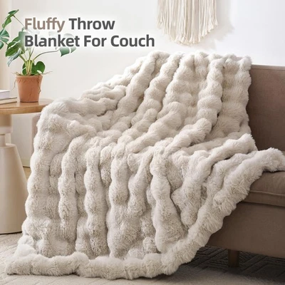 WARMFAY Faux Rabbit Fur Electric Heated Throw Blanket 8 Heat Settings & 6 Timer Washable