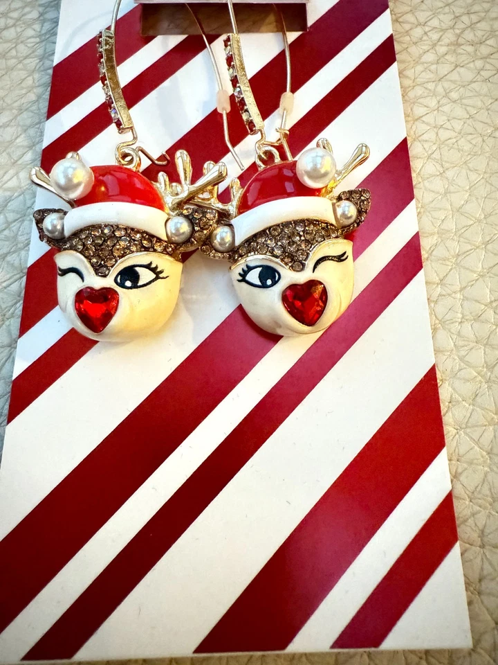 NWT BETSEY JOHNSON WINKING REINDEER EARRINGS HOLIDAY CHRISTMAS - Image 3 of 4