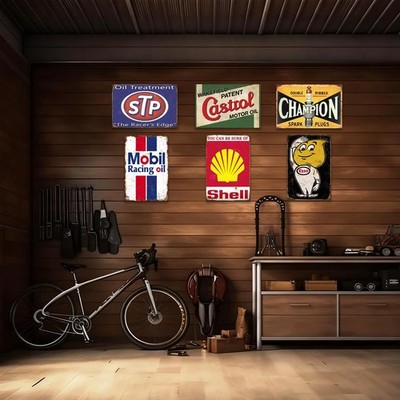 Vintage Metal Tin Signs Set of 6, Retro Garage & Oil 8x12 inches