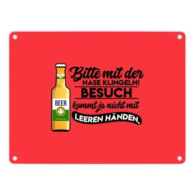 Bitte mit der Nase klingeln Metallschild in 15x20 cm in rot mit Biermotiv