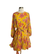 Rhode Ella Dress Size S in Gold Lanai Floral (Yellow/Multi) Long Sleeve Belted