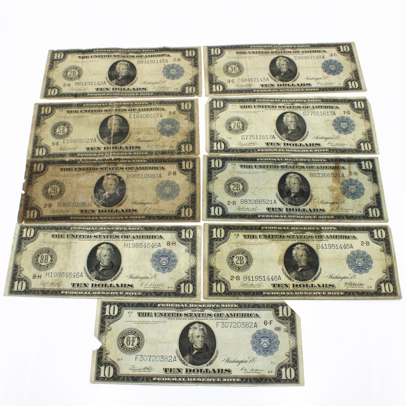 1914 Series $10 U.S. Federal Reserve Large Size Note Lot of 9 NR #C925-5