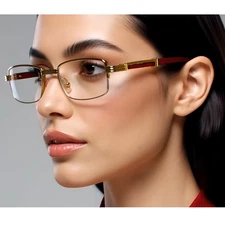 Rectangular Frame Clear Lens Designer Half Rim Eyeglasses Metal Glasses Buffs