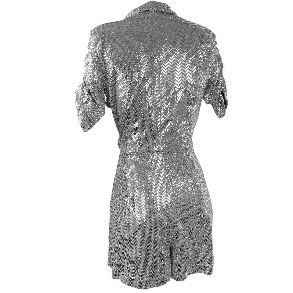 Zara Silver Metallic Sequin Sparkly Shimmer Short Sleeve Wrap Romper Shorts Sz S Foto 3 de 4