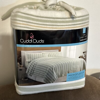 Cuddl Duds Microfleece Green Stripe Cozy Layers Twin Sheet Set Brand New!