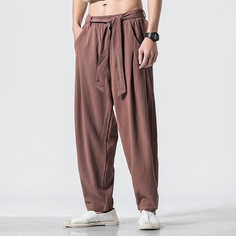 Men Linen Pants Baggy Wide Leg Loose Trousers Chinese Kung Fu Tai