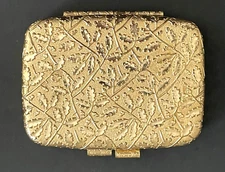 REVLON "LOVE PAT" COMPACT Gold Tone Floral Leaves VTG Powder Case CREAMY IVORY