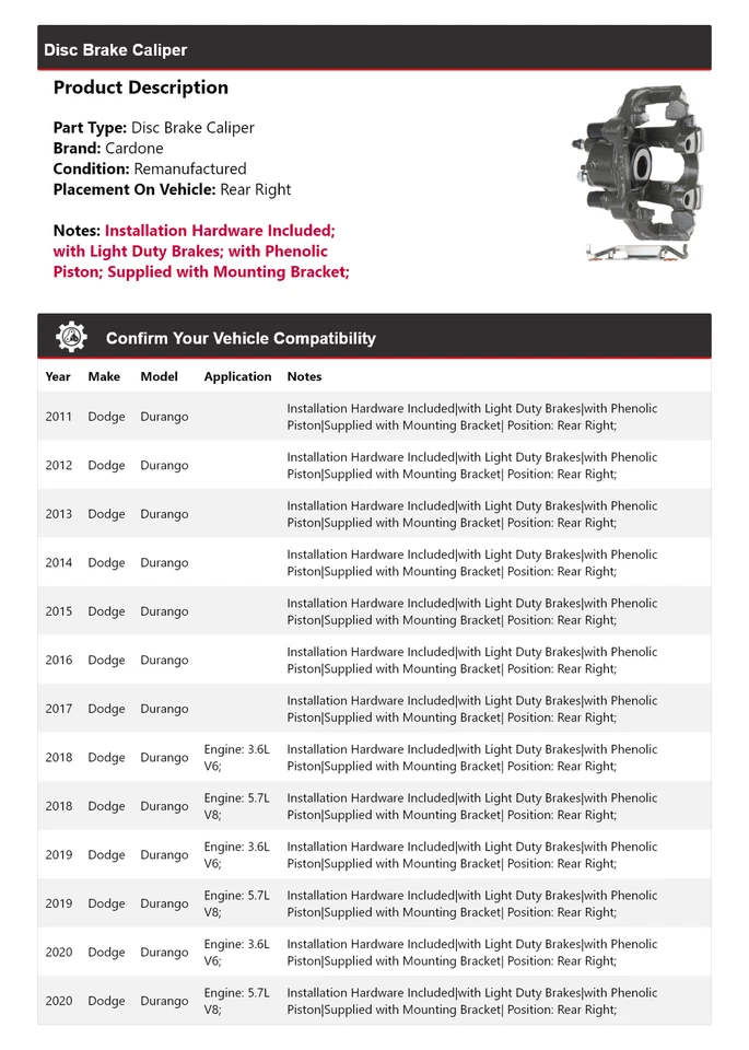 Pinza de freno de disco trasera derecha Cardone 2012 2013 2014 para Dodge Durango 2011-2020 Foto 2 de 4