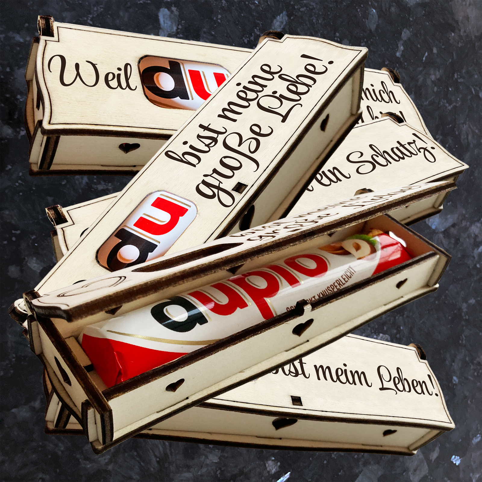 Duplo Holz Geschenkbox mit Lasergravur Spruch inkl. Schokoriegel | Neues Design