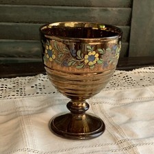 Antico calice calice lustro in rame 4,5” dipinto a mano floreale come nuovo