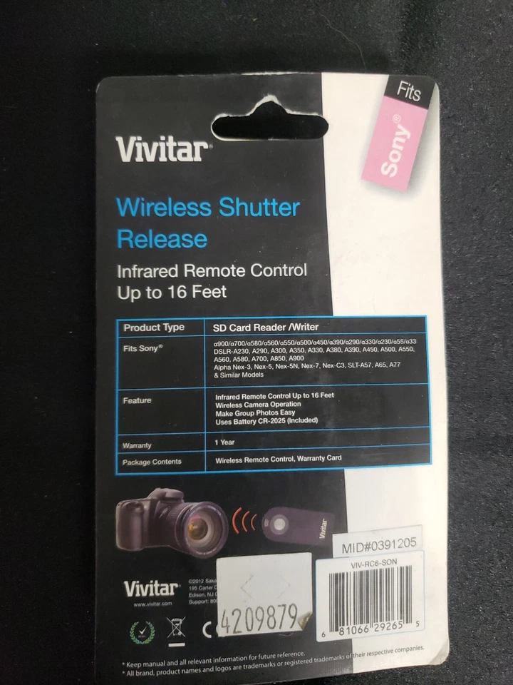 Vivitar Wireless Shutter Release Infrared Remote Sony a900 a700 a580 & Similar - Image 2 of 3