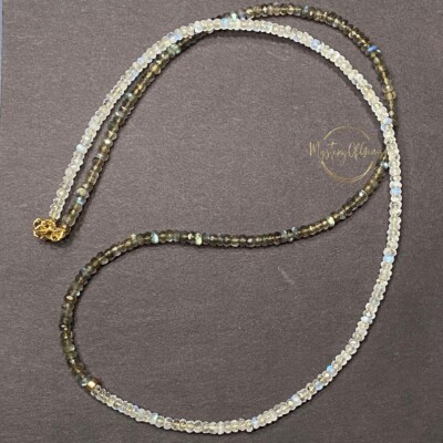 Natural Blue Flashy Moonstone & Labradorite Faceted Gemstone Beads 18'' Necklace