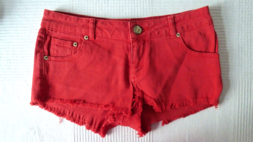 Topshop Moto Shorts Denim Short Red Jeans Button Zip Pockets Raw Hem W28 - Picture 1 of 7