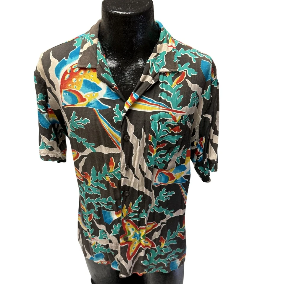 Vtg 80’s Kennington Neon RAINBOW Tropical FISH Ocean Life Rayon Hawaiian Shirt L - Image 2 of 4