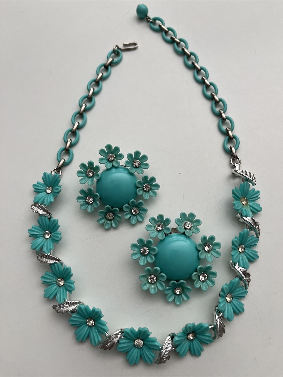 Flower Jewelry Set 1960-70s Turquoise Color Plast… - image 1