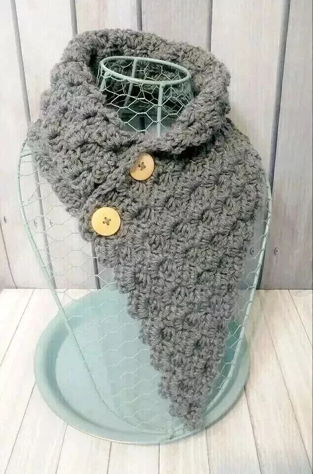 Handmade Gray Crochet Button Cowl Scarf for Women USA Crafted