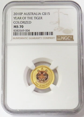 2010 GOLD AUSTRALIA $15 LUNAR YEAR OF THE TIGER COLORIZED NGC MS 70