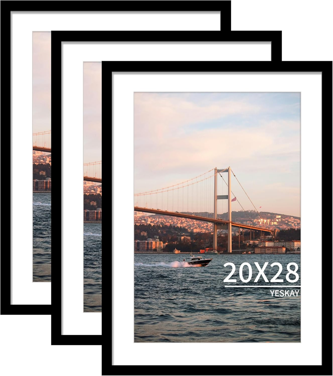 Black 20x28 Picture Frame Set of 3 for 16x24 or 20x28 Photos, Wall