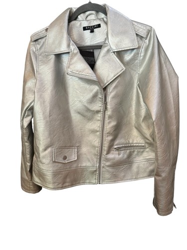 Baccini Faux leather Motto Jacket Lined Size M Full Zip Silver - Picture 7 of 14