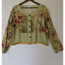 Paradiso Floral Button Down Fringe Beaded Trim Rayon Top Green Purple Hawaiian L