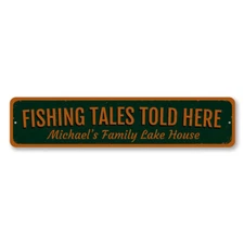 Fishing Sign, Personalized Fishing Tales Told Here Sign, Lake Metal Wall Decor