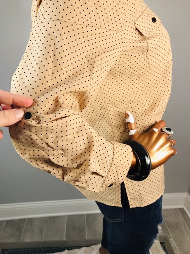 Studio Works XL P Top NWT Stretch Polka Dots Cream Black Button Up Shirt Long Sl - Picture 7 of 9