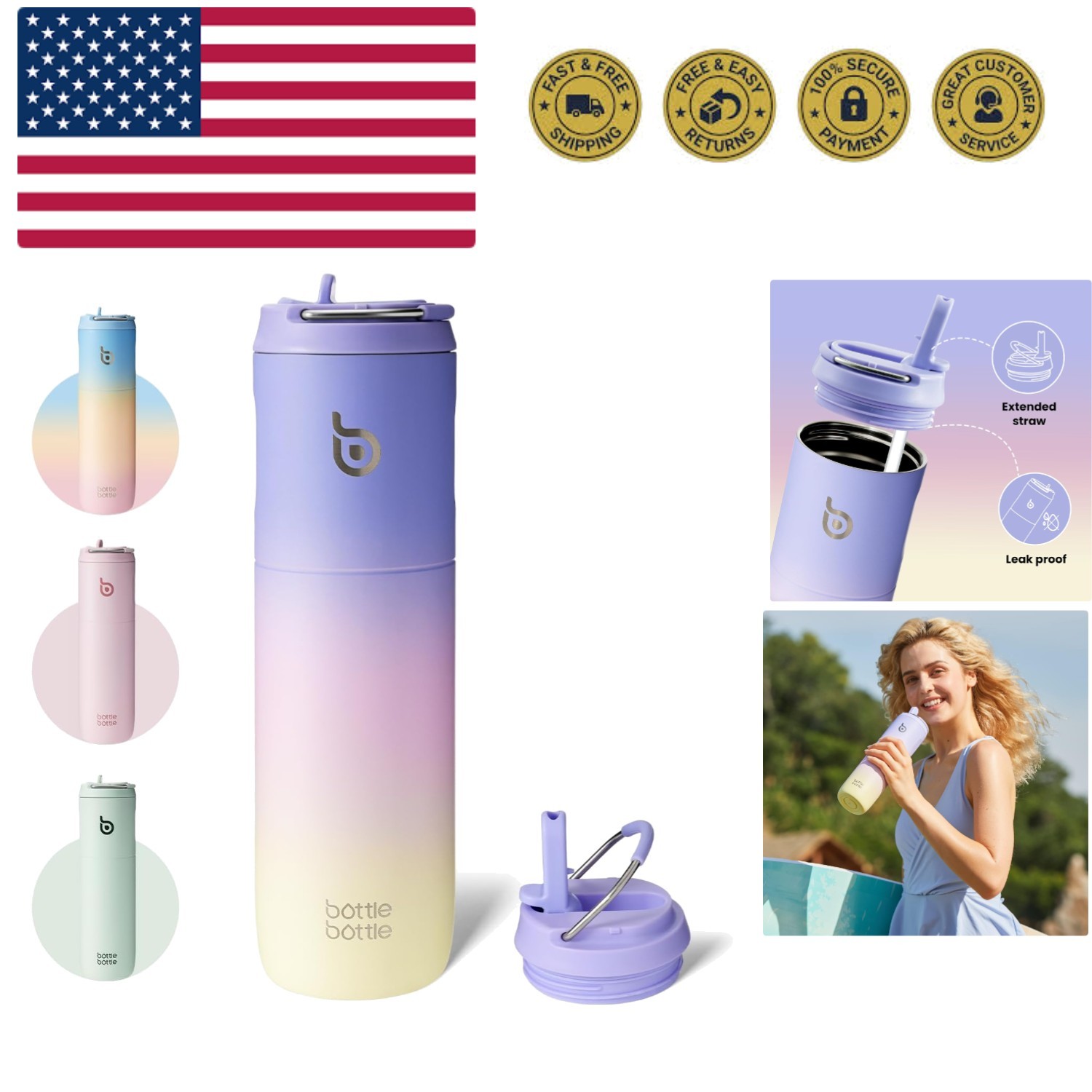 Insulated Water Bottle 24oz with Straw Lid and Handle for Sp