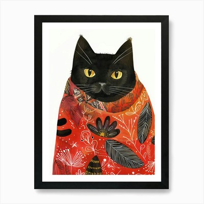 Schwarze Katze im Schal 5 Kunstdruck gerahmt Wandbild Poster Leinwanddruck Bild