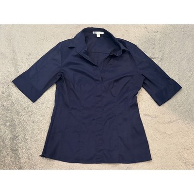 Hugo Boss Womens Navy Blue V-Neck Short Sleeve Button Up Blouse Size 8 Tailored