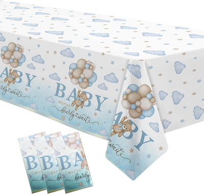 3 Pack Bear Baby Shower Decorations Tablecloth for Boy - Blue Bear We Can Bearly