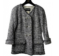 CHANEL 14P TWEED BRAIDED TRIM CC LOGO BUTTON BLAZER JACKET FR50