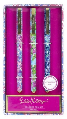 Lilly Pulitzer Women's Colored Pen Set of 3, Includes Pink/Blue/Green Ink, Vi...