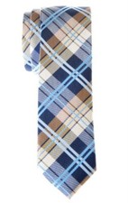 Men's Tartan Check Woven Microfiber Skinny Tie One Size Navy Blue and Khaki