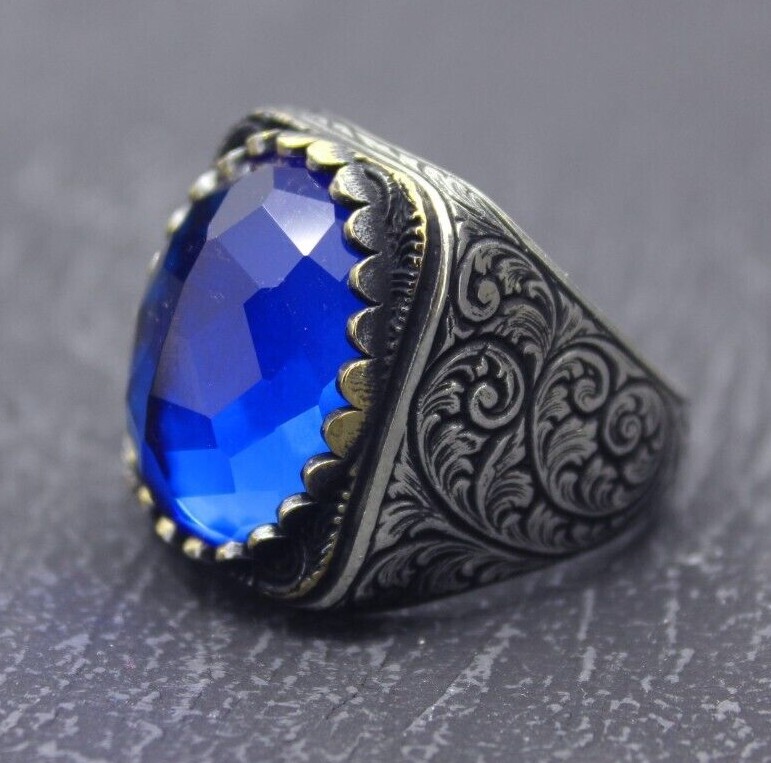 Engraving Ring, Oval Navy Blue Zircon Stone Solid 925 Sterling