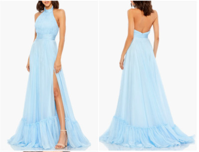 MAC DUGGAL 67816 HIGH NECK TIERED CHIFFON HALTER SKY BLUE  GOWN  sz 2