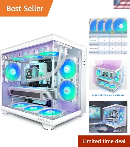 Compact Mid Tower MUSETEX Gaming PC Case - Excellent Cooling with 6 ARGB Fans