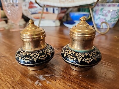 Vintage Brass Black Enamel Salt Pepper Shakers