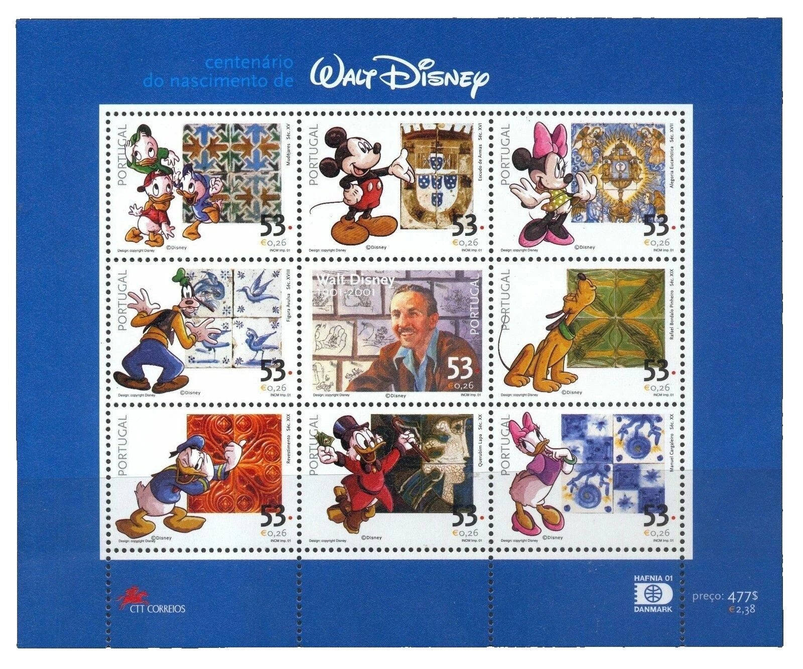 En excelente estado nunca abisagrado/estampillada sin montar o nunca montada Hoja completa de estampillas postales de dibujos animados de Disney Animation &