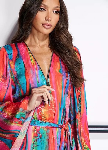 Size 12 - Julien Macdonald Print Stud Detail Belted Kimono Sleeve Satin Top - Picture 3 of 7