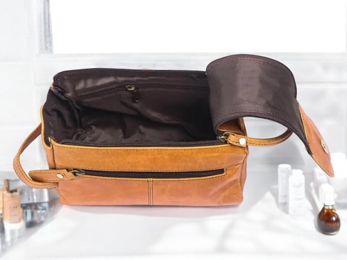 Men's Leather Toiletry Bag | Vintage Dopp Kit Travel Organizer | Genuine Leather - Picture 2 of 6