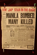 US Chicago WW2 Newpaper Front - Manila Bombed - Dec 27, 1941