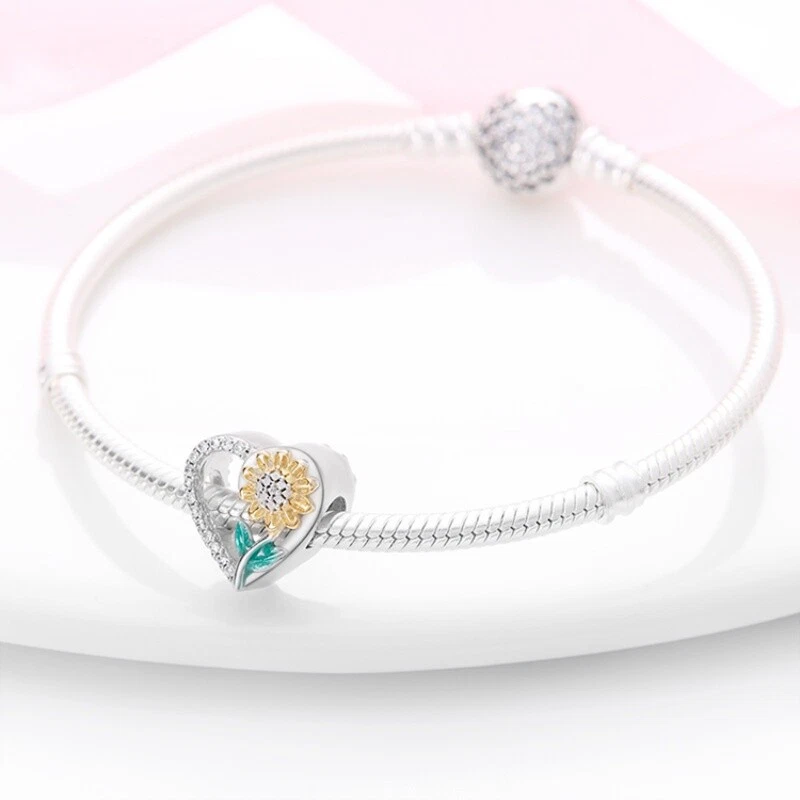 Dije de corazón de plata esterlina 925 KUNSIR cuentas de girasol para pulseras dijes hágalo usted mismo Foto 2 de 4