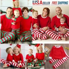 Family Matching Christmas Pajamas Set Men Women Kids Stripe Nightwear Sleepwear
