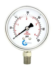 2" Pressure Gauge, Stainless Steel Case, Liquid Filled, Lower Mnt, 60 PSI